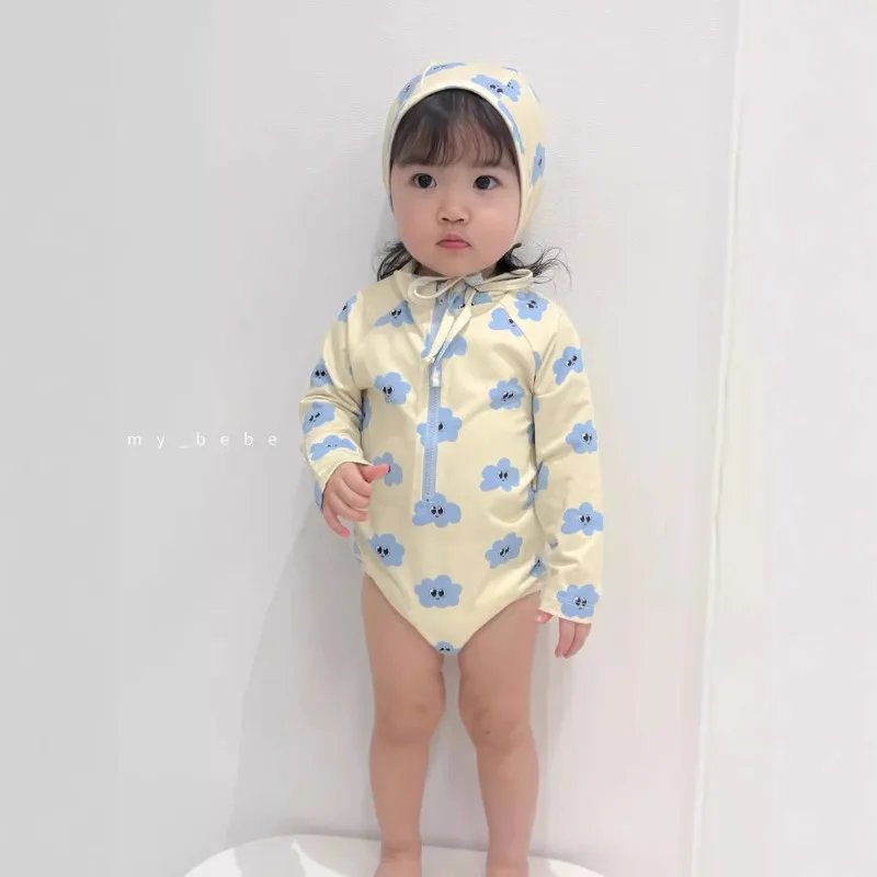 

Korean Children's Clothing New 2026 Spring/summer Girl's Cute Cloud Flower Long Sleeved One-piece Swimsuit Pants Swim Cap
