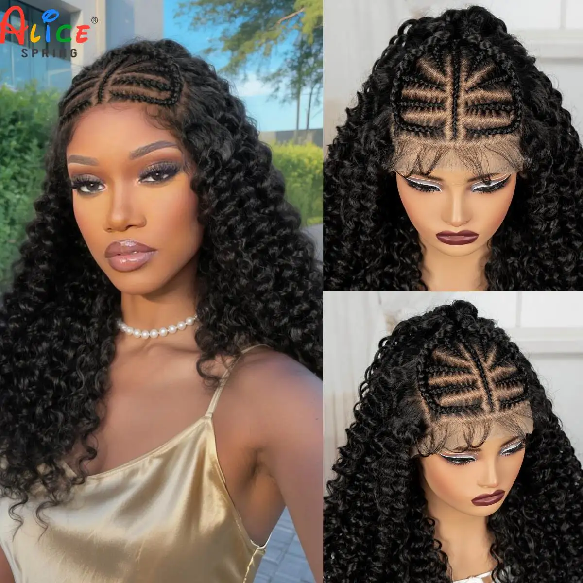 22inch 13x6 Transparent Lace Front Kinky Curly Hair Wigs with Cornrow Braids Synthetic Water Wave Brazilian Hair Wigs for Women