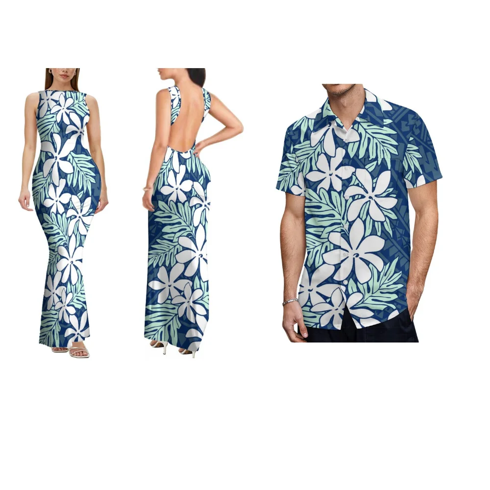 Letnia, wygodna i miękka sukienka dla par, sukienka damska, kwiatowy wzór, bez pleców, bez rękawów, długa dopasowana sukienka, koszula męska.