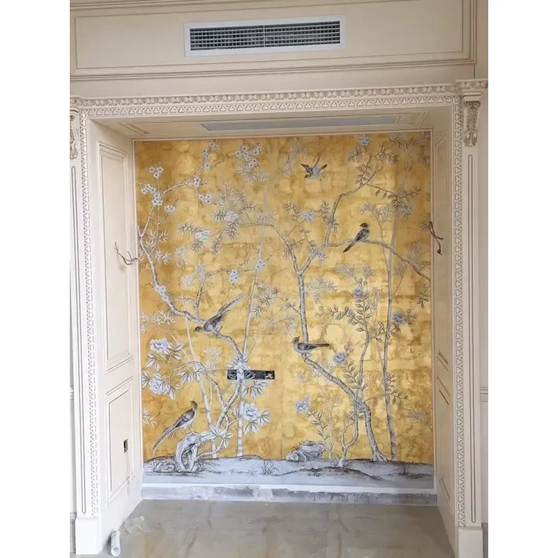 Chinoiserie Wallpaper Vintage Floral Birds Wall Mural Golden Flower Wallpaper Home Decoration Silk Leaves
