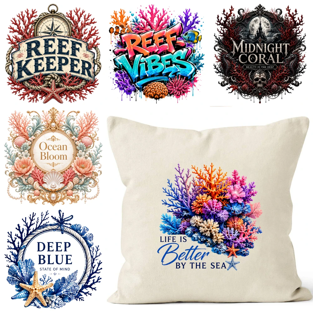 6 Pcs Coral Bouquet Iron on Transfers Press Washable Stickers for Clothing T-Shirt Jeans Applications casual style. Easy to
