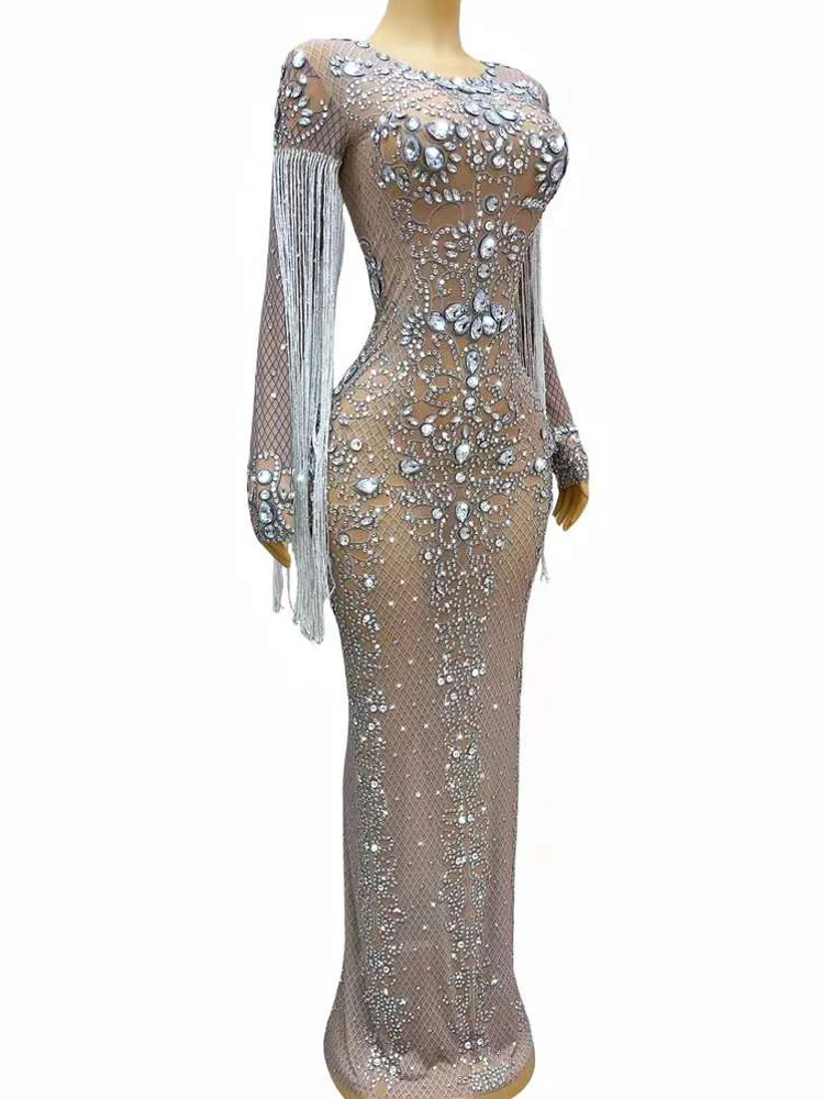 Sparkling Crystal See Through Elastic Mesh Tassels Dress for Women Evening Prom Party Celebration Outfit Photo Stage Costume