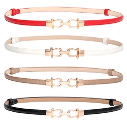 Thin Genuine Leather Women Belts Fashionable Double Buckle Design, Solid Color Waist Girdles for Sweater Dresses