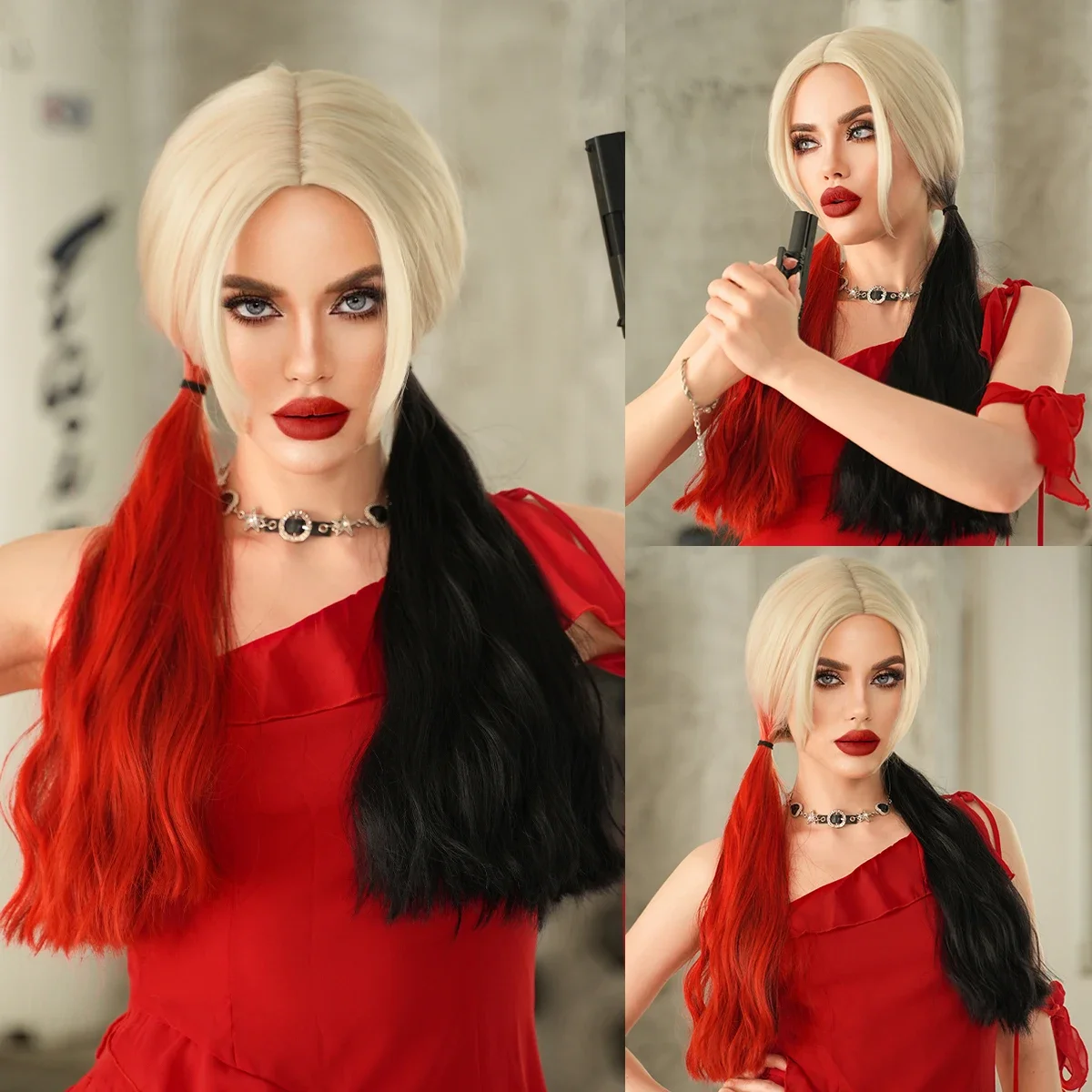 NAMM Blonde Gradient Black Red Cosplay Wig Long Wig Synthetic Heat Resistant Fibre Wigs for Women Girls Halloween Costume Party