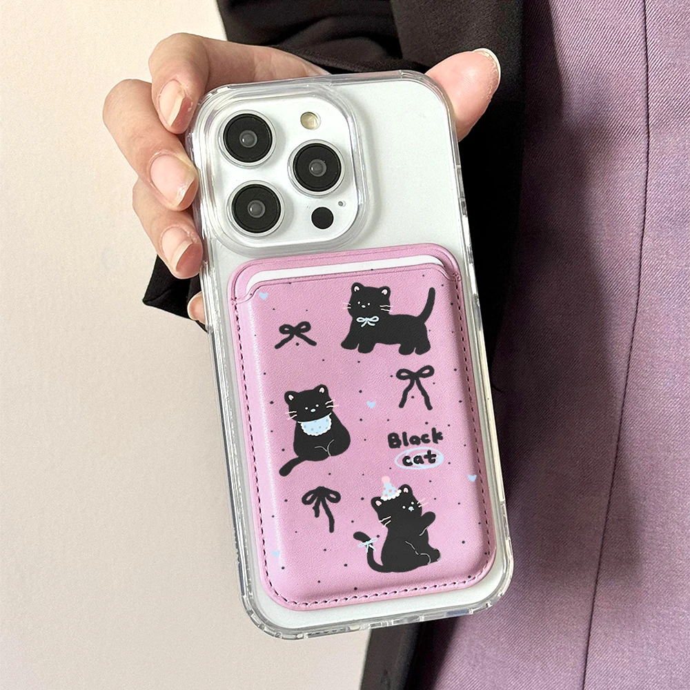 Niedliche schwarze Katzen-Leder-Kartenhülle mit Magnetverschluss, geeignet für alle iPhones, kompatibel mit MagSafe, Kartenhalter für die Rückseite des Telefons. – Detail 3