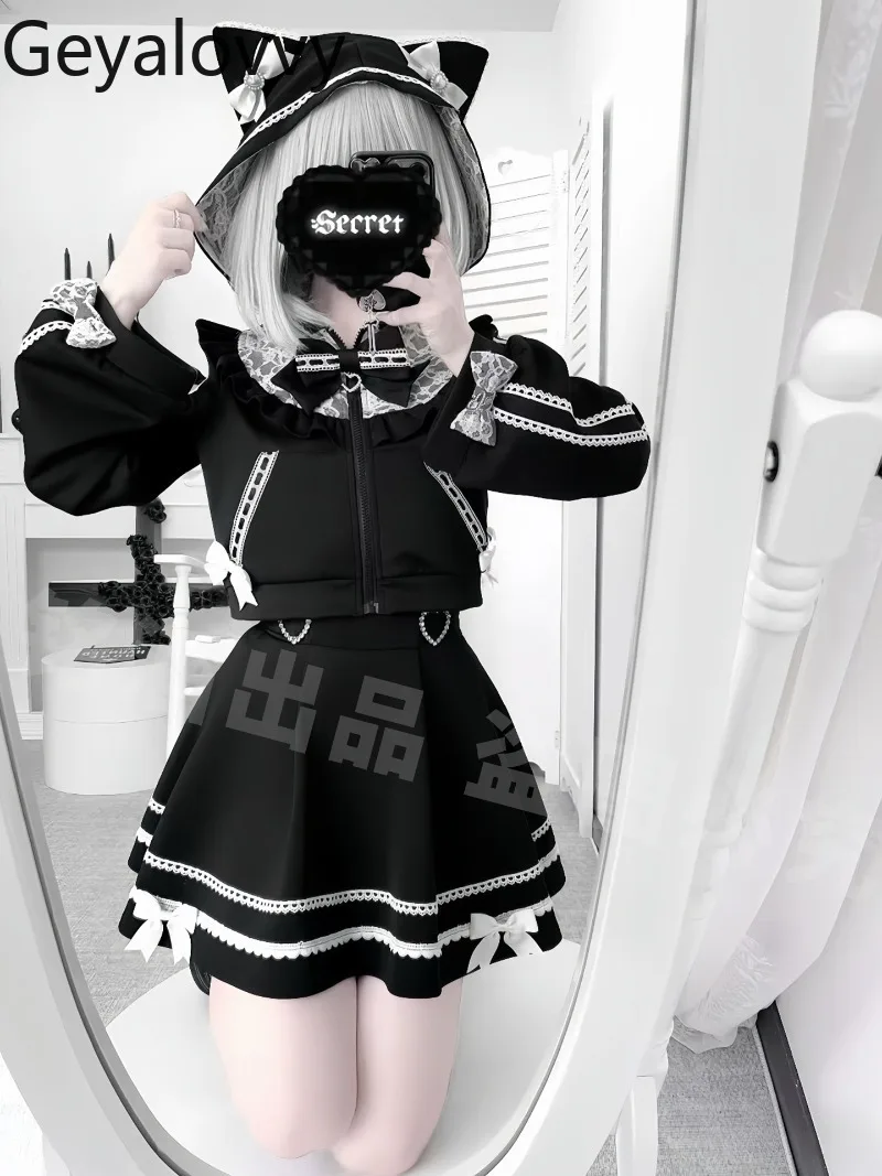 

Japanese Subculture Sweet Cute Long Sleeve Cat Ear Hooded Jacket and High Waist Short Skirt Sports Outfit Two Piece Set