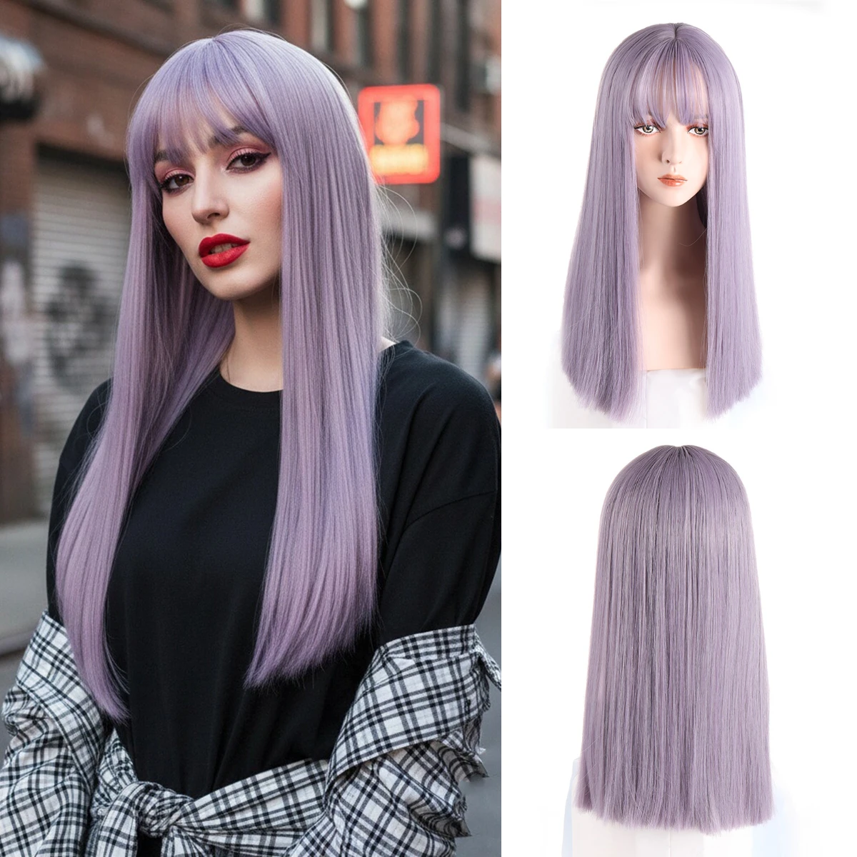 Long Straight Purple Synthetic Lolita Cosplay Wig with Bangs Fluffy Women's Heat Resistant Hair for Daily Party