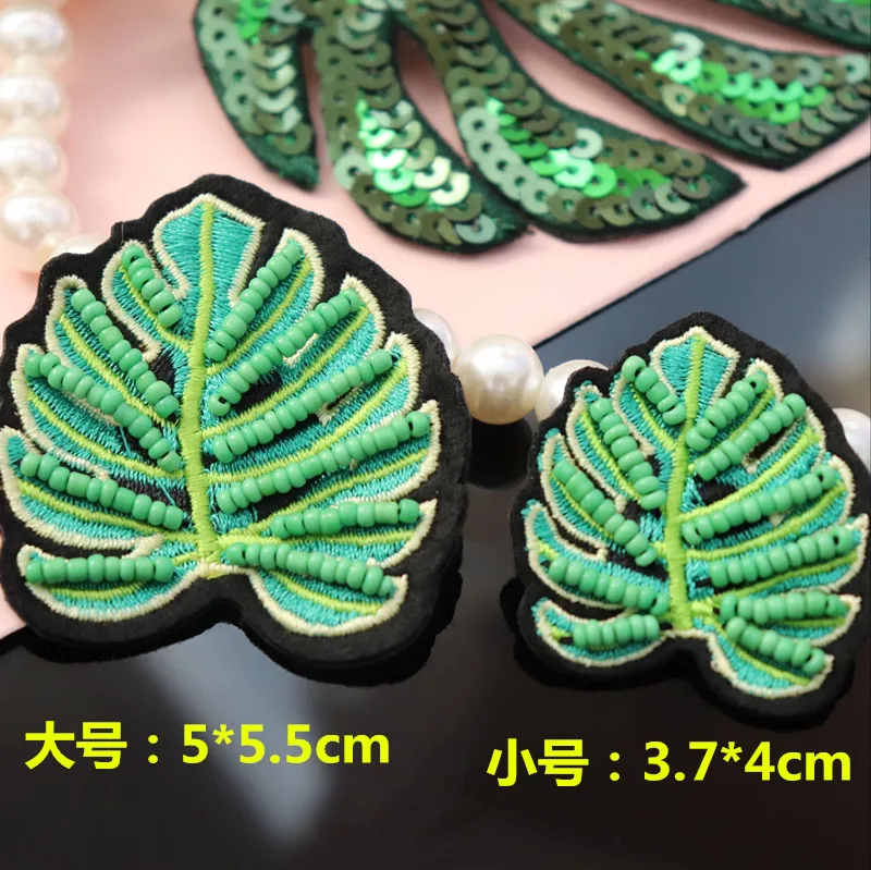 Sequins Leaf Patch Embroidery Hand Sewed Beads Cheap Patches For Clothing Jeans Jacket Cap Green Leaf Applique Badges DIY