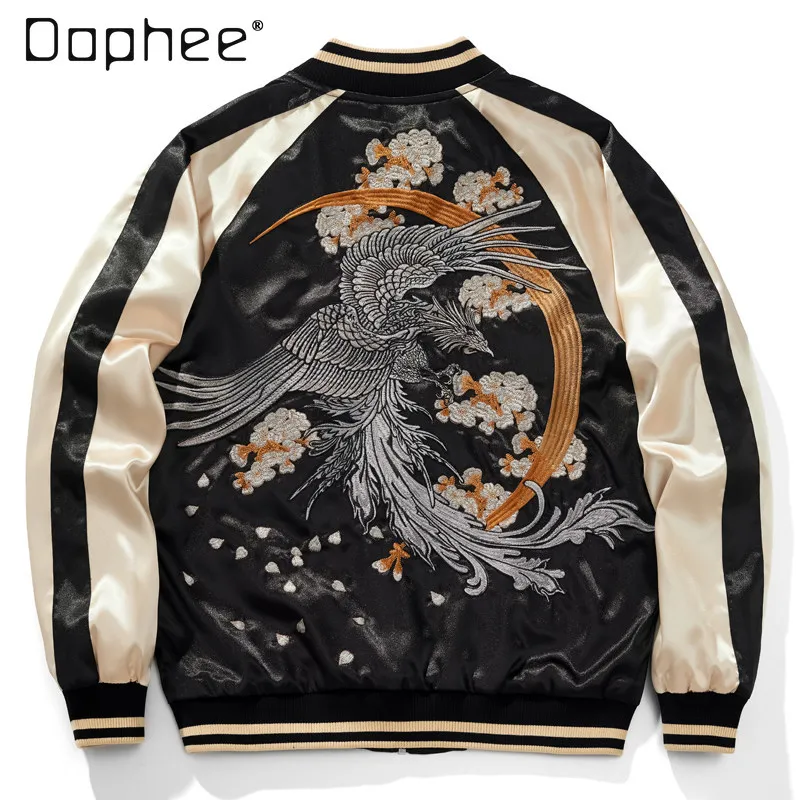 

Baseball Uniform Men's Spring and Autumn Vintage Phoenix Embroidered Satin Bomber Jacket Japanese Sukajan Style Varsity Jacket