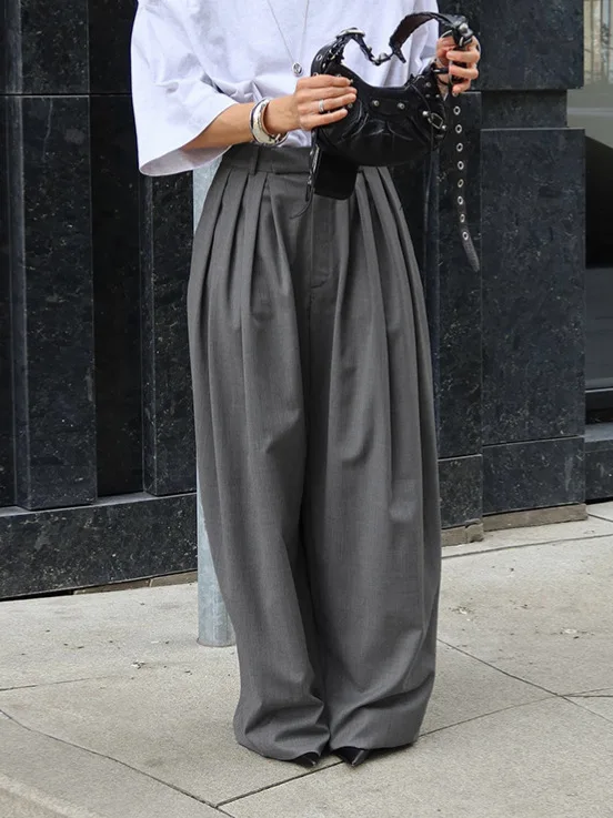NEW French Commuter Pleated Gray Suit Pants Women 2026 Autumn Street Wear Fashion Casual Loose Versatile Wide-leg Trouser