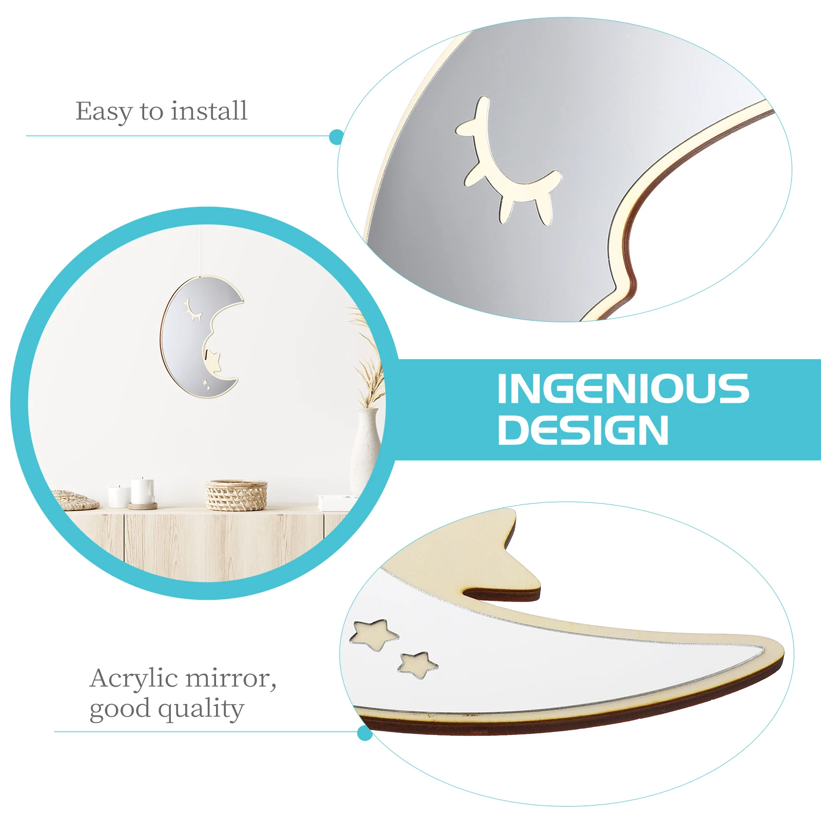 

1Pcs Acrylic Moon Mirror Wood Hanging Wall Sticker Kids Room Decorative Mirror Ornament Children Room Wall Decor Acrylic Mirrors