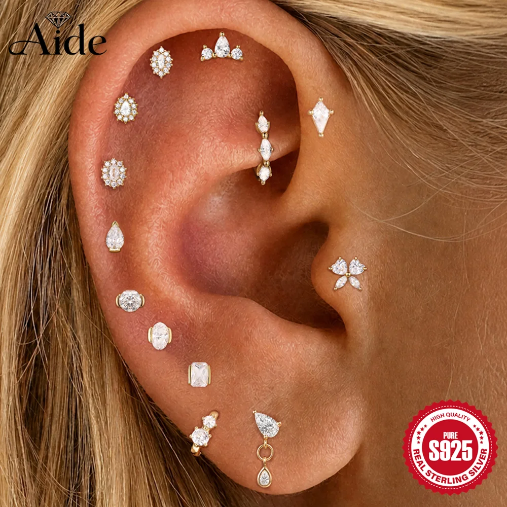 AIDE 925 Sterling Silver Geometric Horse Eyes Butterfly CA Zircon Women's Flat Back Tiny Cartilage Helix Conch Tragus Piercing
