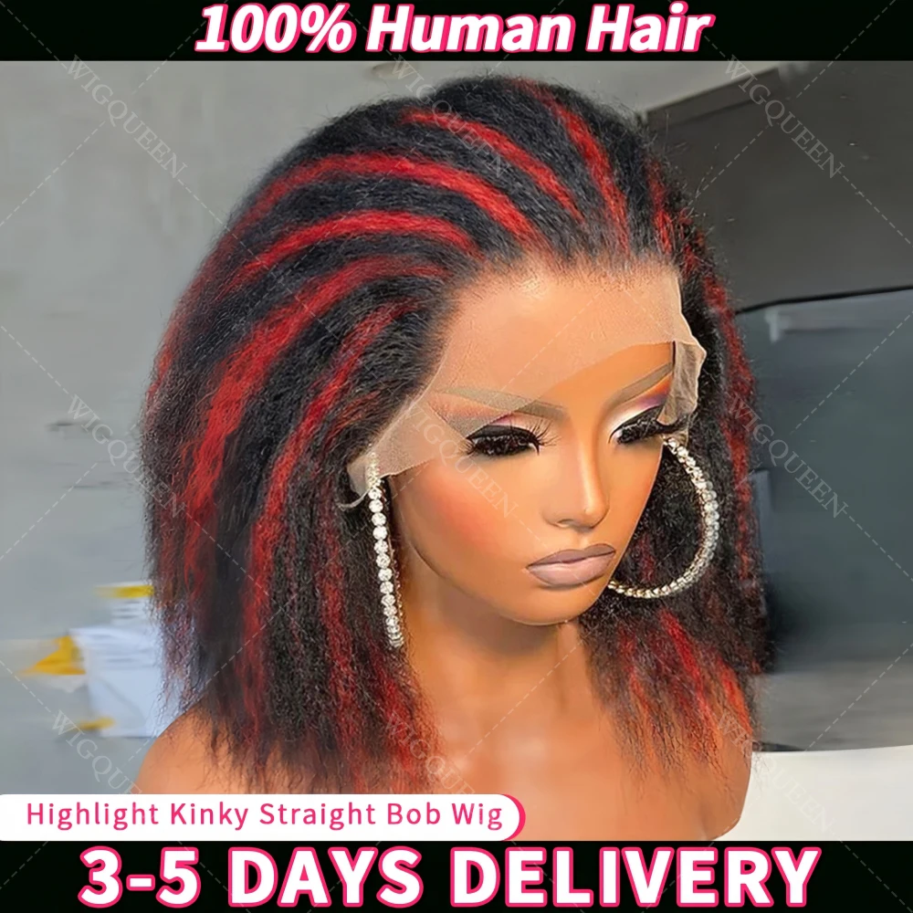 

Kinky Straight Human Hair Bob Wig Highlight Ultra-Fitted 13x4 Lace Wig Upgrade Glueless 200% Density Pre Cut5x5 Lace Frontal Wig