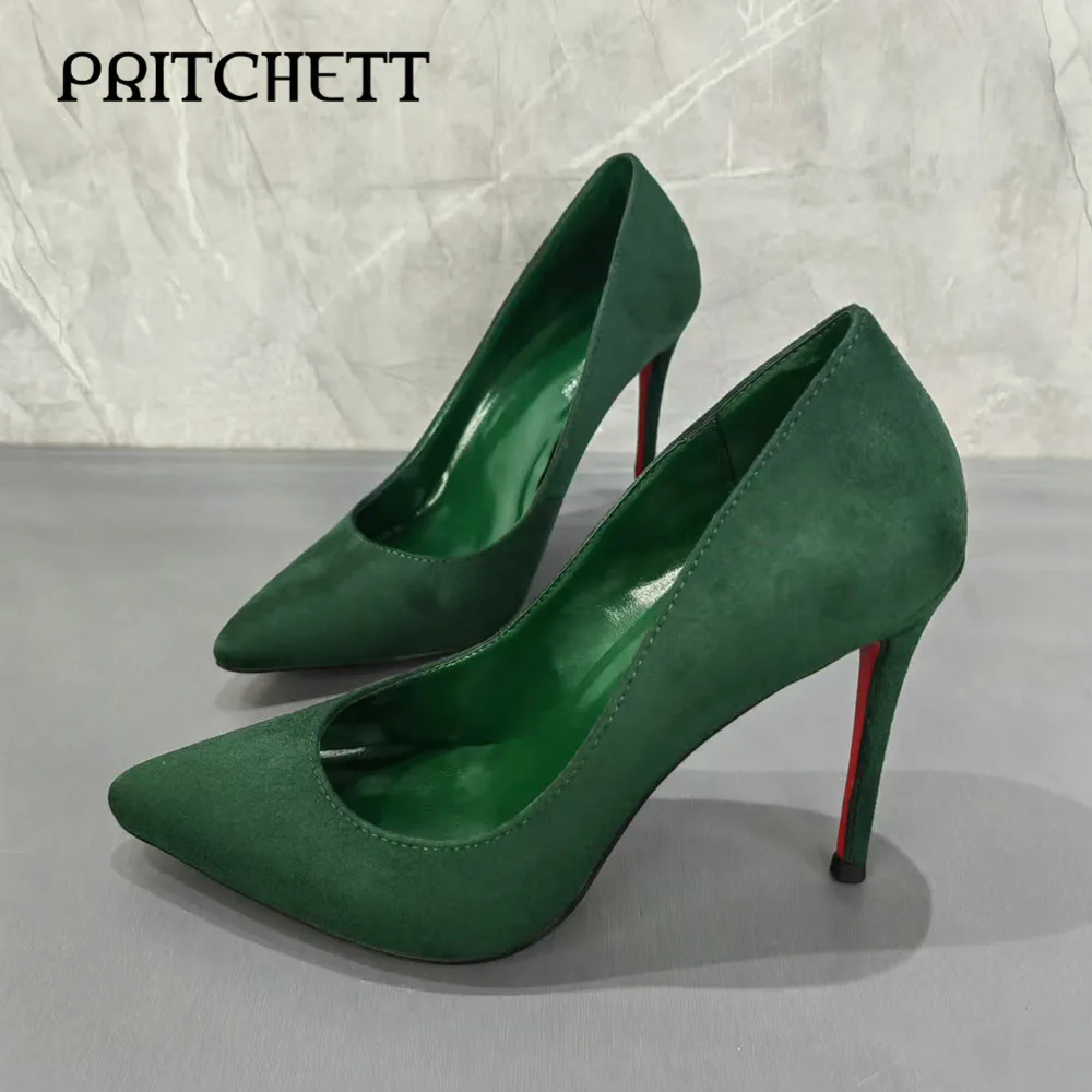 

Dark Green Frosted High Heels Solid Color Sexy Stiletto Pointed Shoes Fashionable Simple Large Size Temperament Women's Shoes