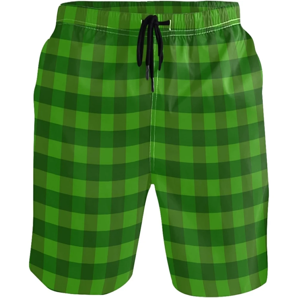Cool Green Plaid Men's Beach Short Swim Trunks St Patricks Day Green Stripe Sports Running Bathing Suits Shorts