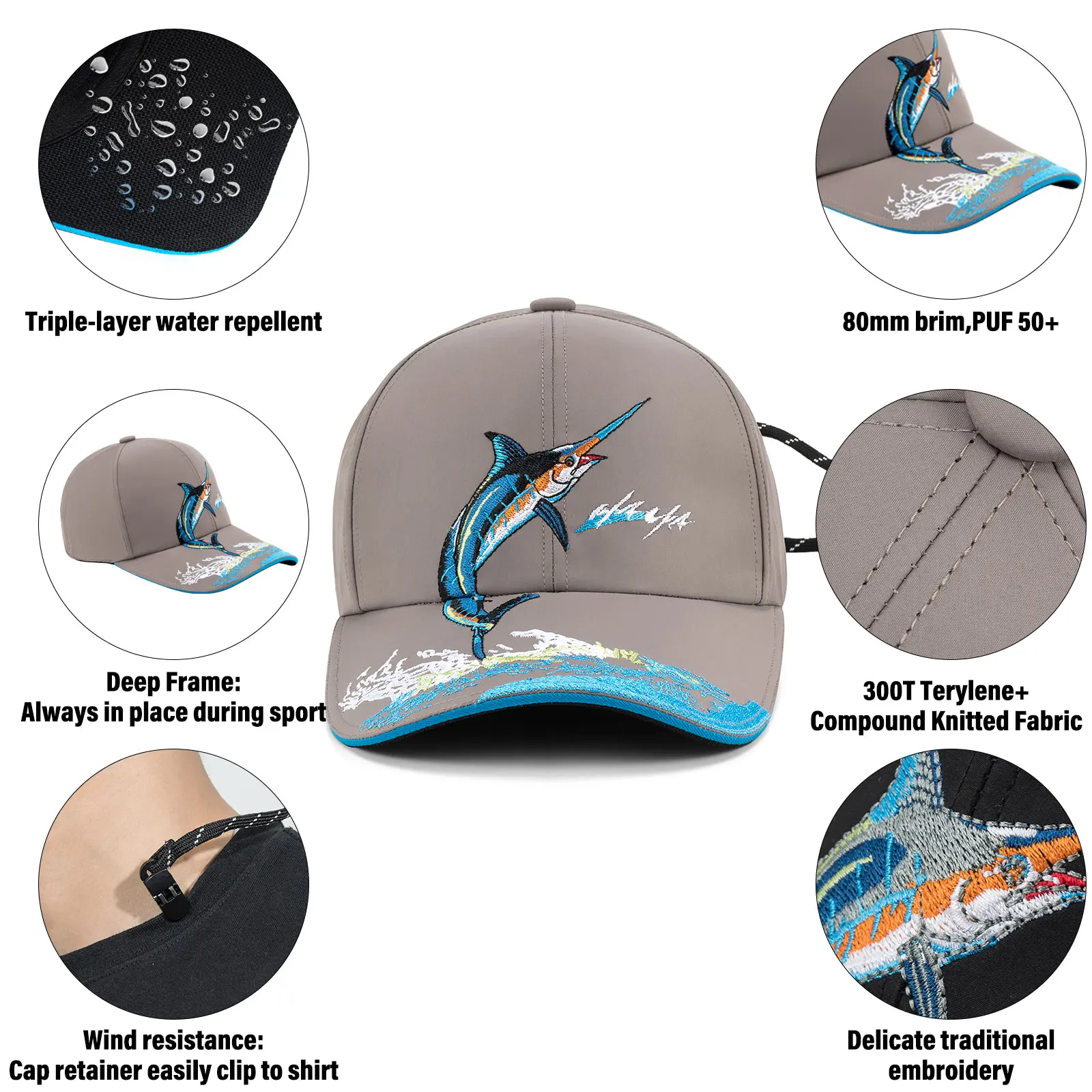 Gorra de pesca transpirable ajustable con bordado