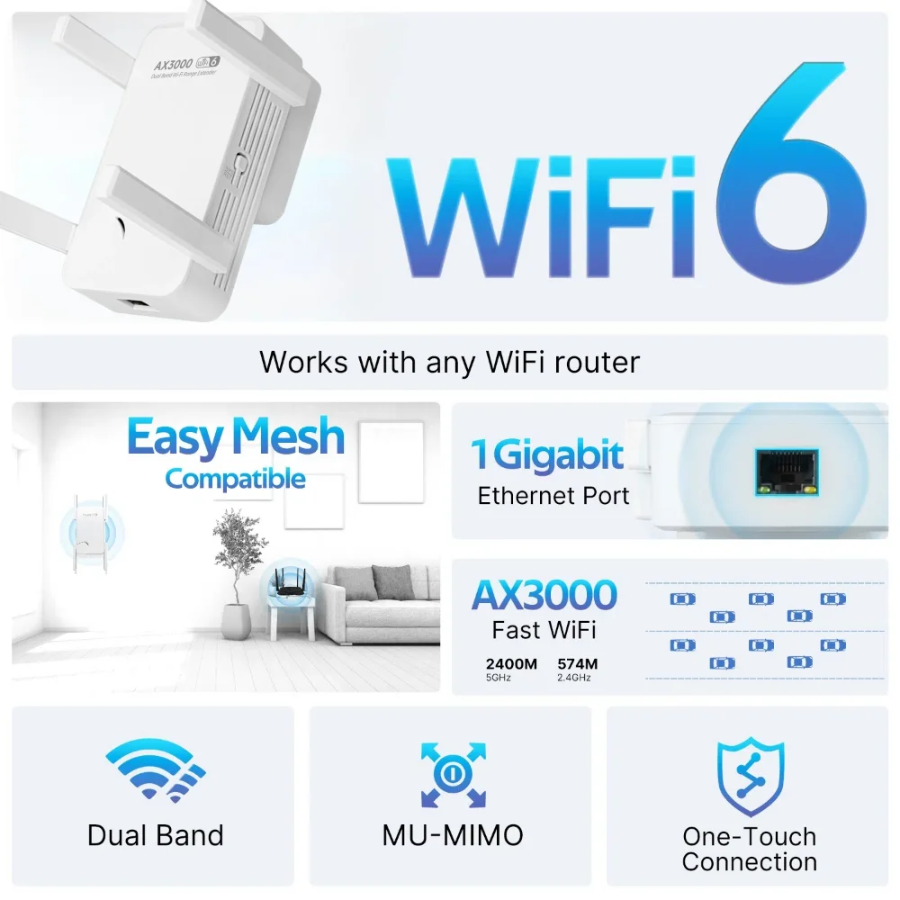 WIFI6 AX3000 Gigabit Wireless Repeater Dual Band 2.4/5Ghz Signal Booster with 4 high-gain antennas Long Range Amplifer for Home