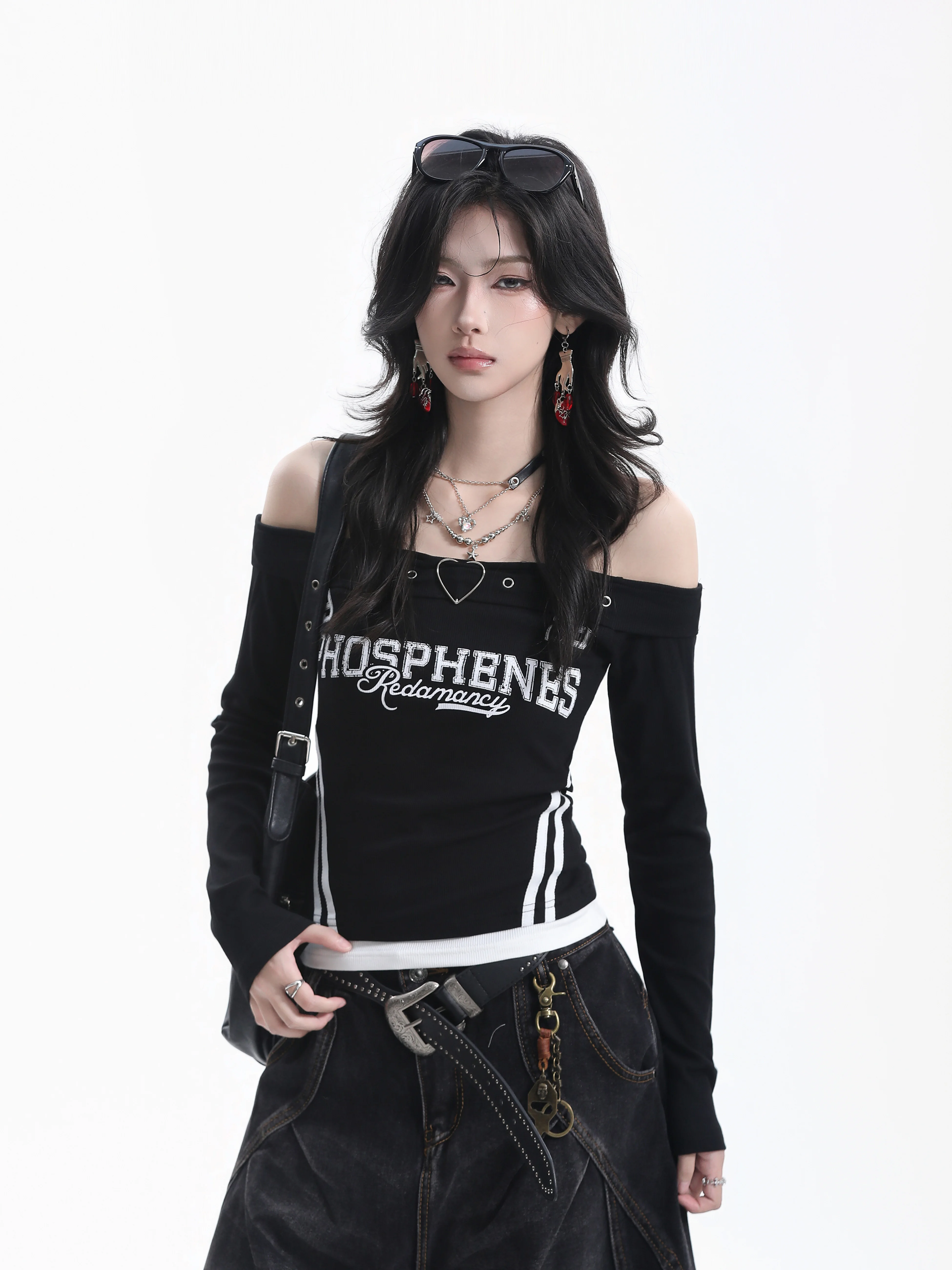 American Style Long Sleeve T-Shirt Women's Letter Print Short Style Sexy Girl Fake Two-Piece Short Ball Game Style Top
