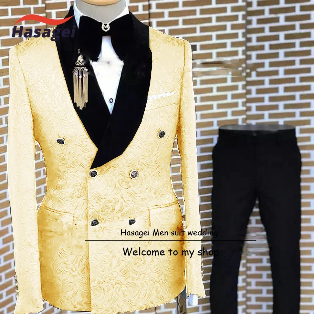 Traje de esmoquin de boda para hombre, chaqueta Floral de novio, pantalones, Blazer de doble botonadura, traje de fiesta Formal, paquete de 2