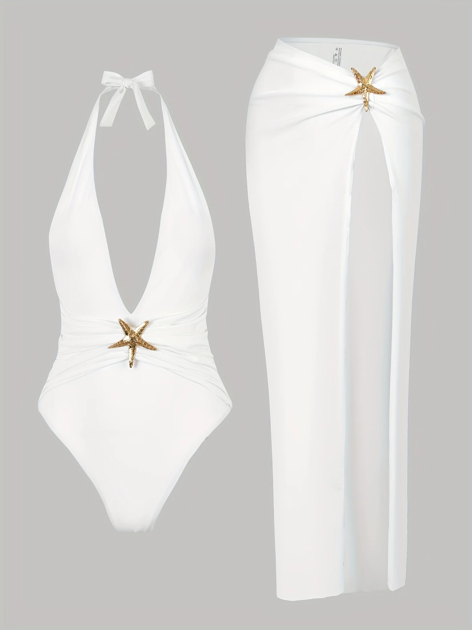 Backless Lace Up White One-piece Swimsuit，High Slit Half Skirt Cover Up Two-piece Set Sexy Swimsuit