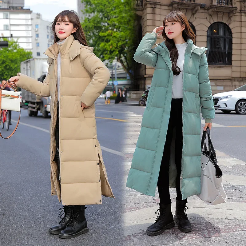 Korean Version of Loose Super Long Warm Down Jacket, Winter New Solid Color Thick Casual Stand Collar Hooded Padded Coat Women