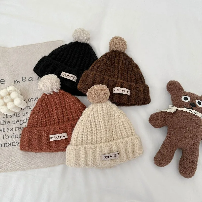 

New Autumn Winter Baby Girl Boy Knit Beanie Hat with Pom Pom Warm Cap Soft Thick Solid Color Fashion Casual Daily Headwear A2515