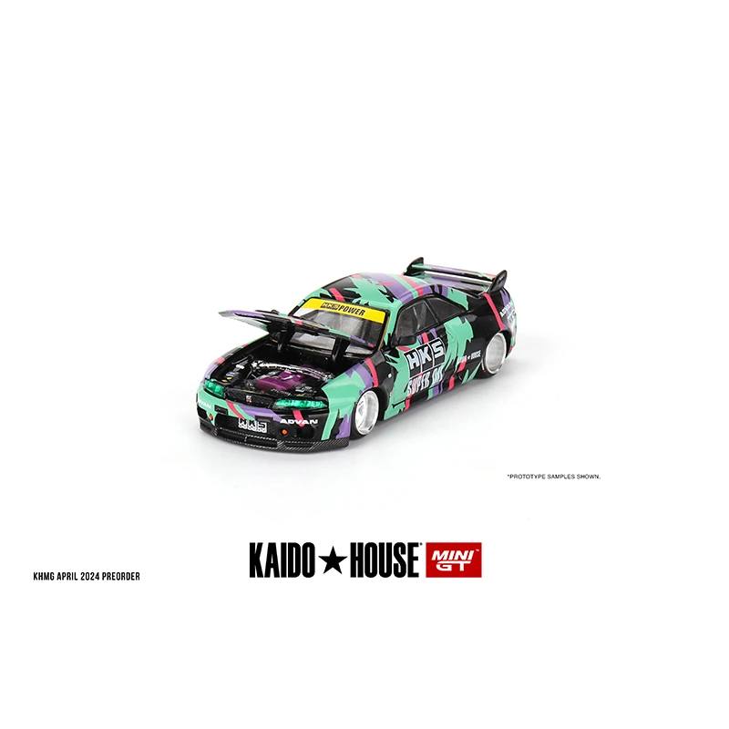 MINIGT KHMG129 1:64 Skyline GTR R33 HKS V1 เปิดHood Diecast DioramaรถKaido House