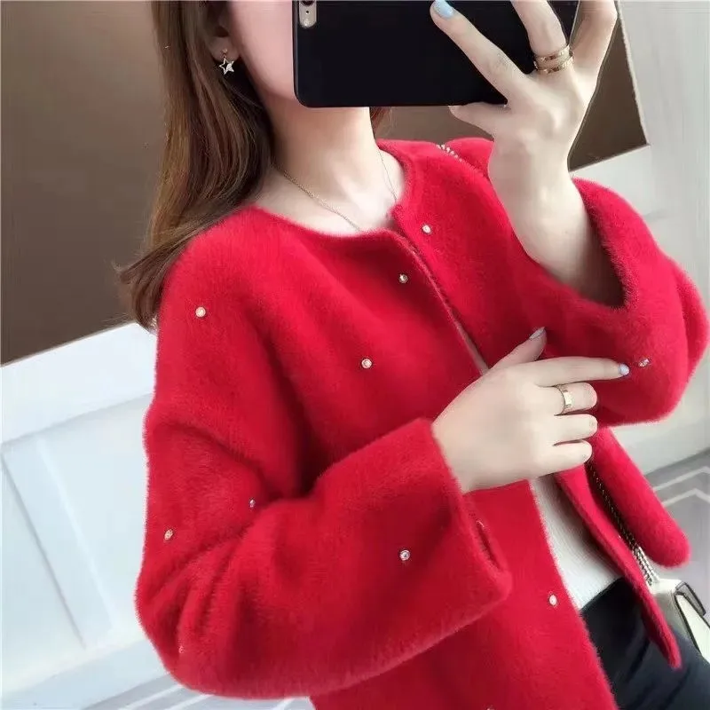 Knitting Shirt Female Cardigan Imitation Mink Fleece Women\'s Sweater New Spring Autumn Coat Korean Version Loose Wild   Jacket