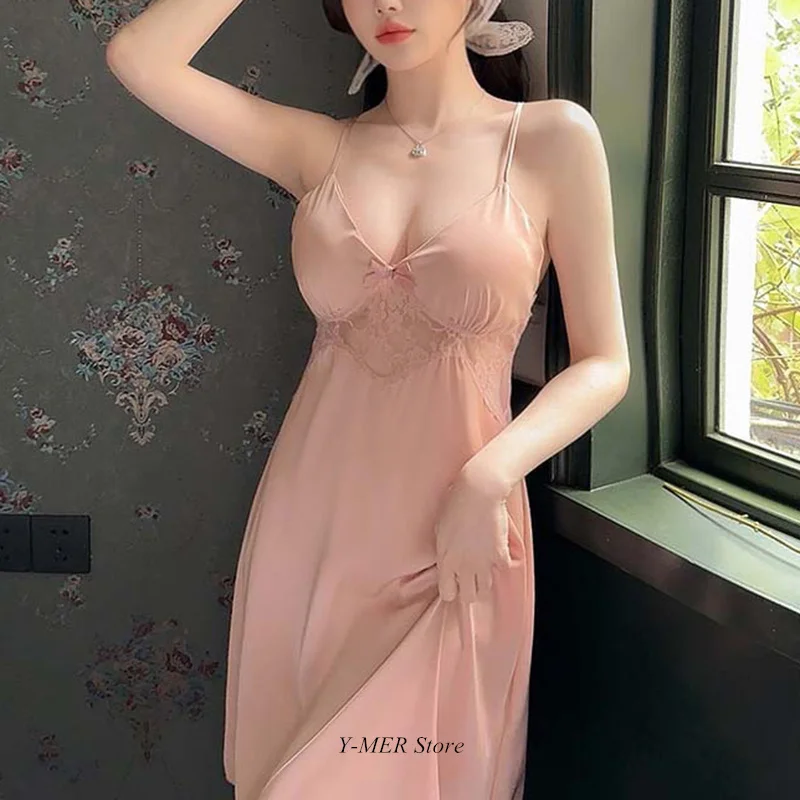 Gaun mandi renda jala gaun malam Satin wanita tali spageti seksi gaun malam rumah baru musim semi musim panas gaun malam elegan