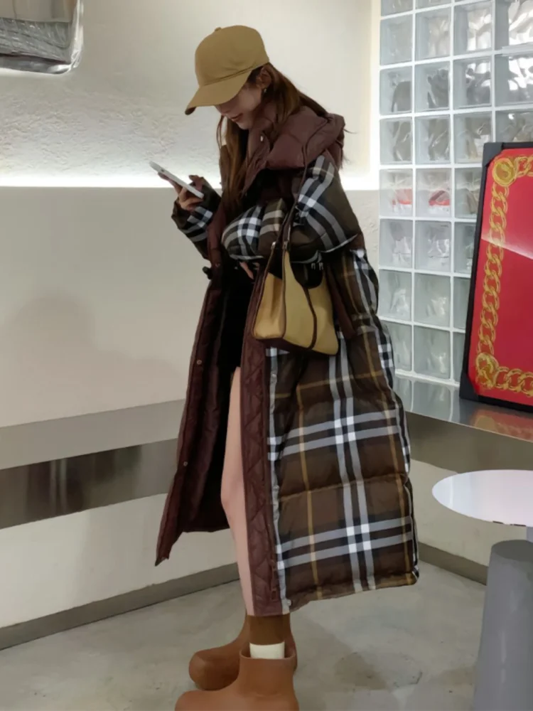Dames donsjack Winterjas Vrouwelijke Koreaanse mode Plaid Patchwork Outerwears Verdikte losse warme sneeuw Lange pufferjassen
