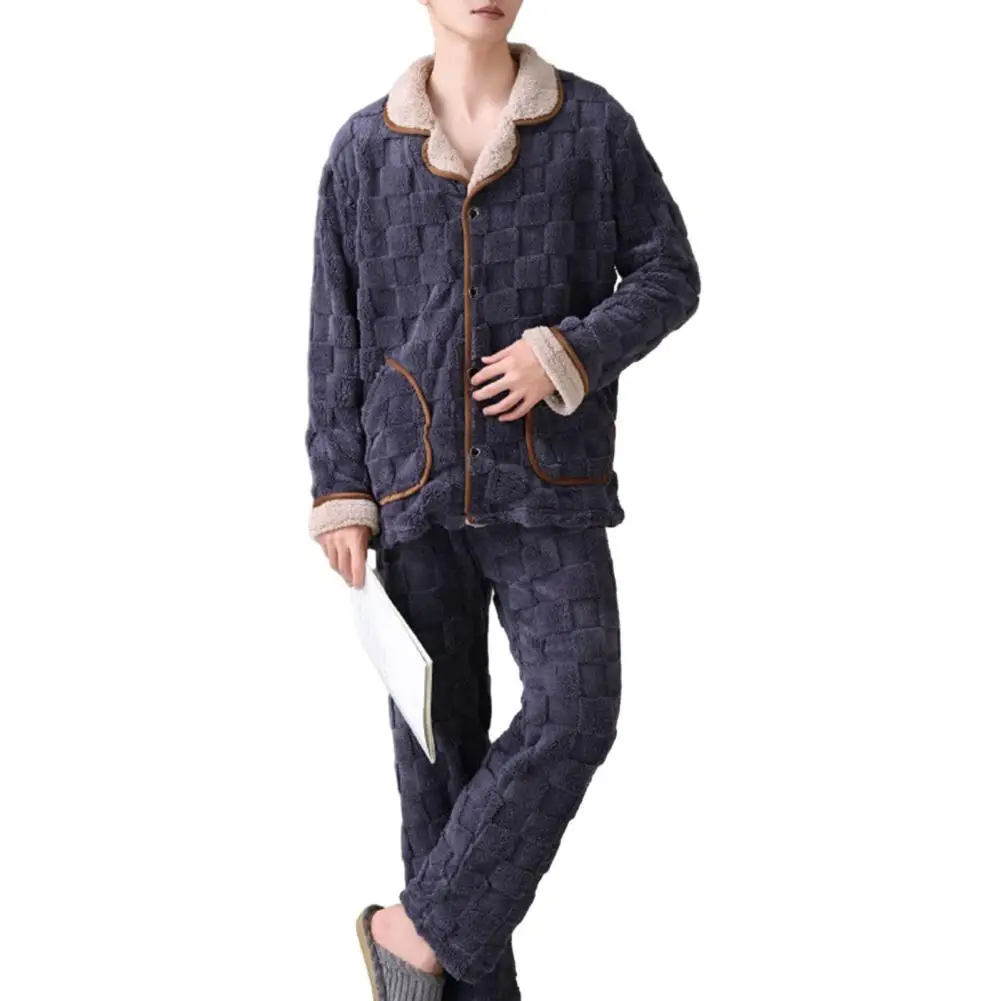 2 Pcs/Set Men Winter Loungewear Thick Plush Warm Coat Elastic Waist Pockets Coral Fleece Pants Set Pajamas Homewear Clothes