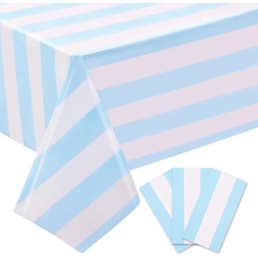 

3 упаковки одноразовых светло-голубого и белого полосатого скатерти 54x108 дюймов, пластиковая водонепроницаемая крышка стола, горизонтальная полосатая вкладка