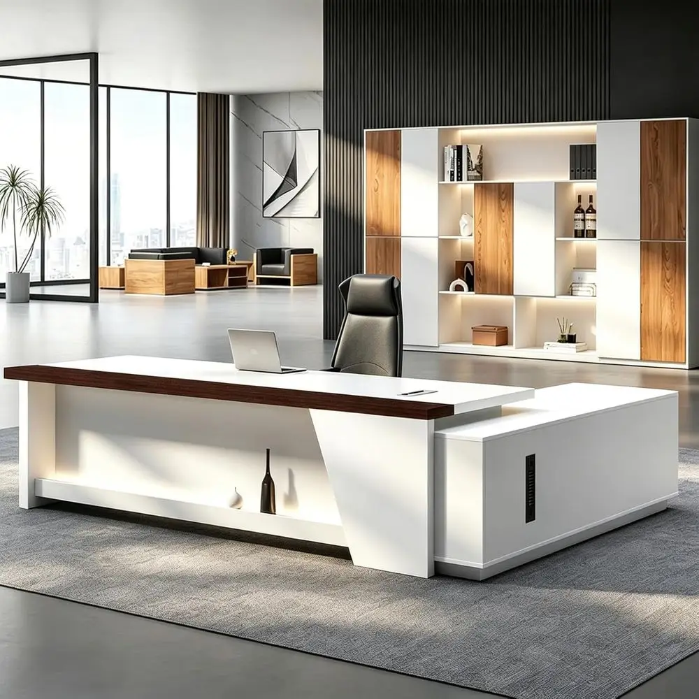 

L-Shaped Executive Office Desk, 1 Thick Solid Wood Top, Side Cabinet with Wire Management, Lockable Drawers