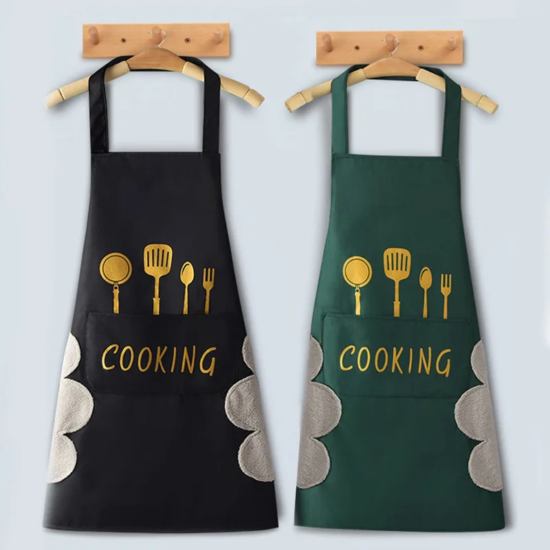 5 Pcs Easy Clean Waterproof Oil Proof Thickened Plus Size Halter Apron With Spoon Fork Printing Wipe For Kitchen Coffee Shop