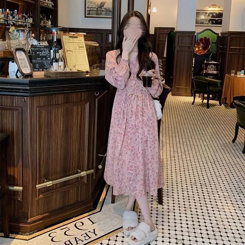 ربيع 2025 جديد الوردي الأزهار الشيفون الدكتور عطلة الشاطئ تنورة طويلة التخسيس لينة الرياح استراحة الشاي الفرنسية Sle عالية الخصر ألف لين...