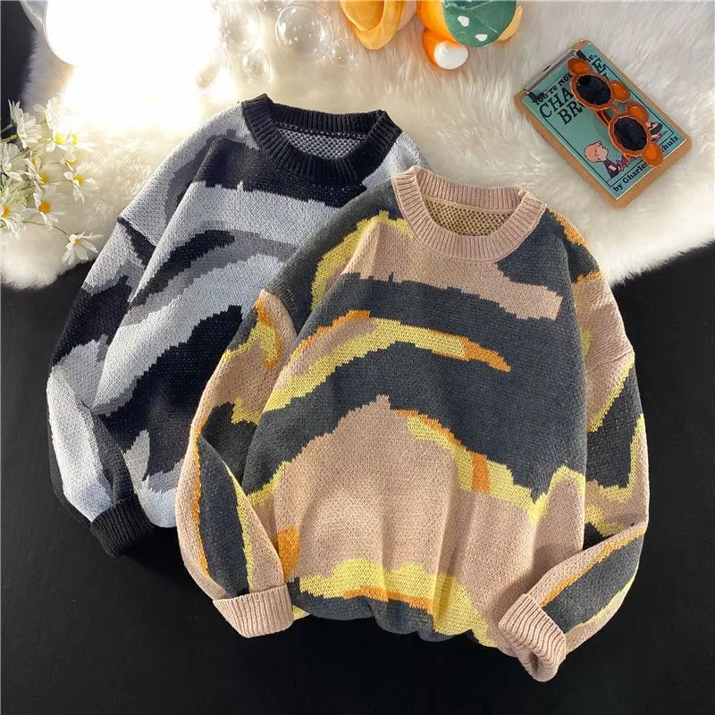 Tie Dye Round Neck Sweater Men's Autumn and Winter Korean Style Trendy Loose Knit Pullover Sweater