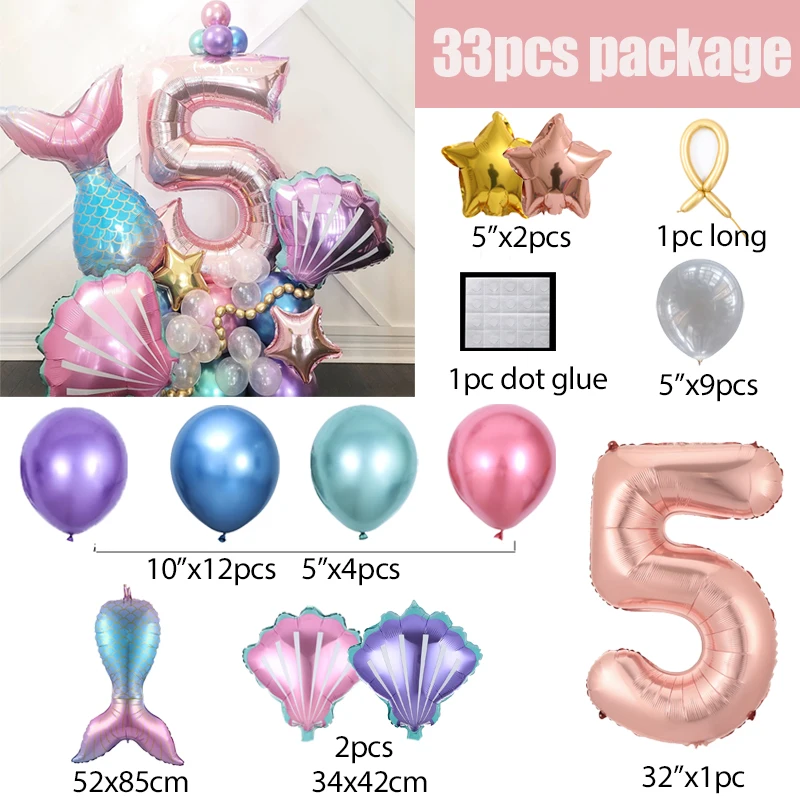 33pcs Mermaid Tail Balloons 1 2 3 4 5 6 7 8 9 Rose Gold Number Foil Balloon Kids Birthday Party Decorations Baby Shower Globos