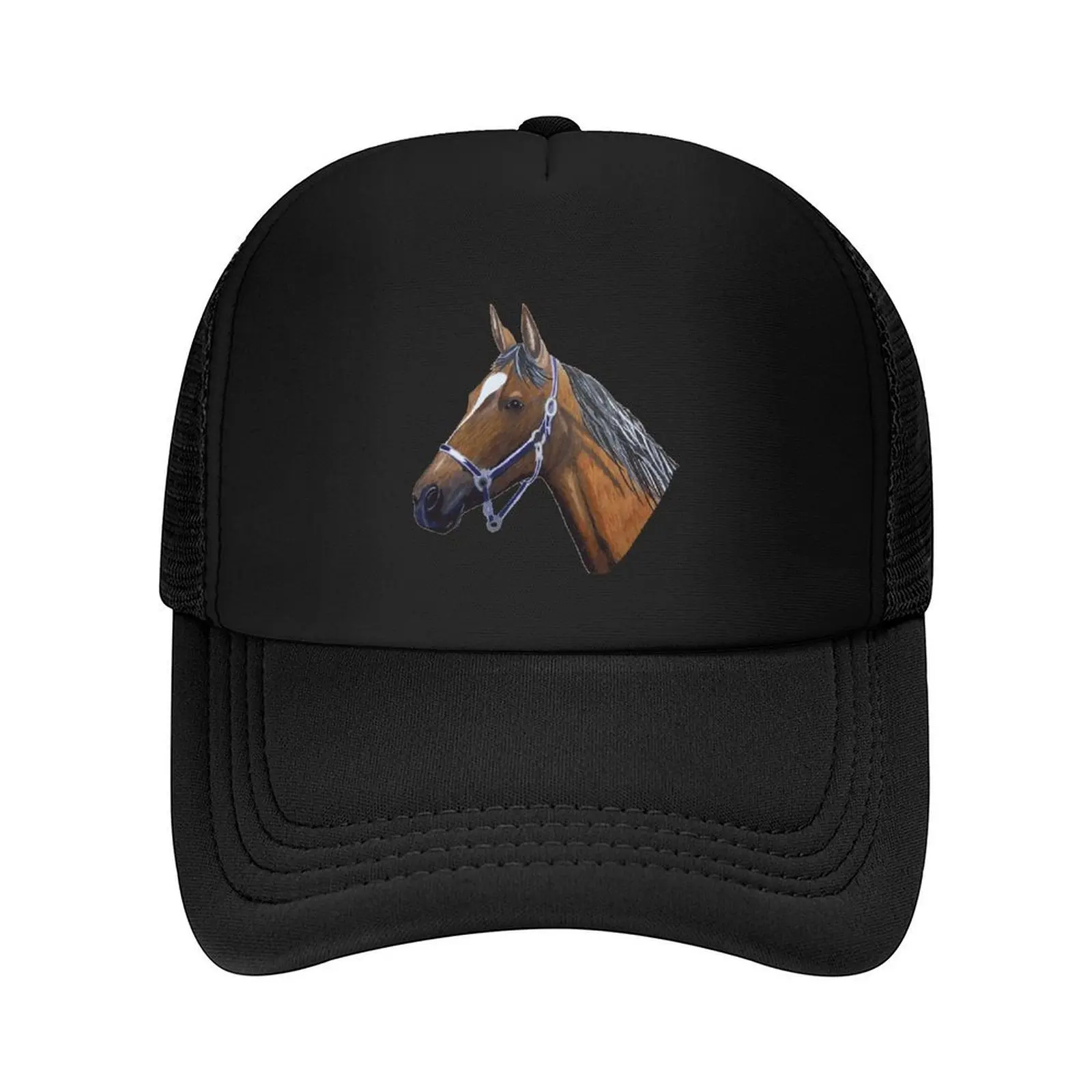 Un retrato de un caballo marrón: caballo con brida Gorra de béisbol Gorra deportiva Gorra de hombre de marca negra Beach Boy Child Mujer