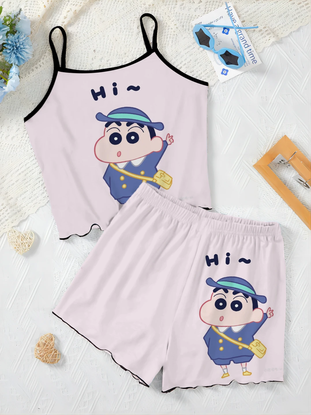 Pajama Skirt Crayon Shin-chan Women\'s Suit Top Slip Dress Short Sets Lettuce Trim Satin Surface T-shirt Pieces Elegant Home Top