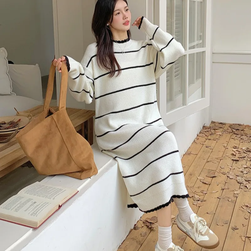 Knitted Dresses Women Striped Autumn Winter Long Sweater Cozy Korean Style All-match Baggy Casual Slouchy Aesthetic Vestidos