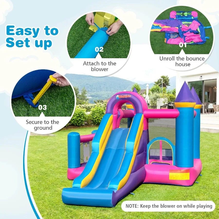 Casa de rebote inflable, castillo de salto rosa para niños con tobogán, pozo de pelotas, pared trepadora, con soplador de 680W, 50 Uds. De bolas oceánicas