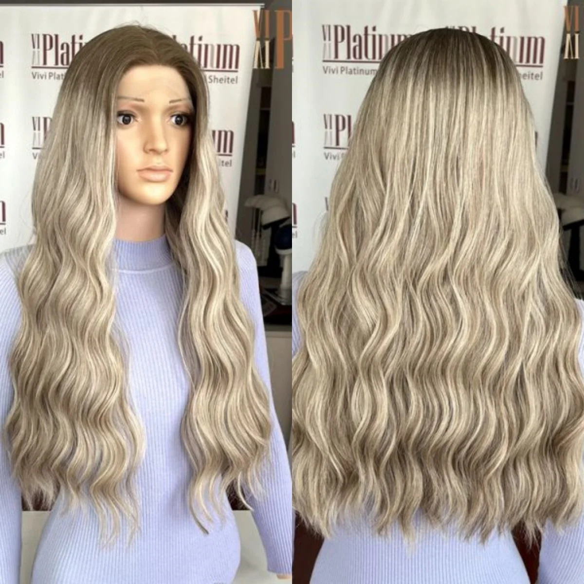 

Easy Maintenance Long Length Deep Wave Full Wigs for Women Platinum Blonde Shadow Roots Synthetic Lace Top Wigs Daily Party Use