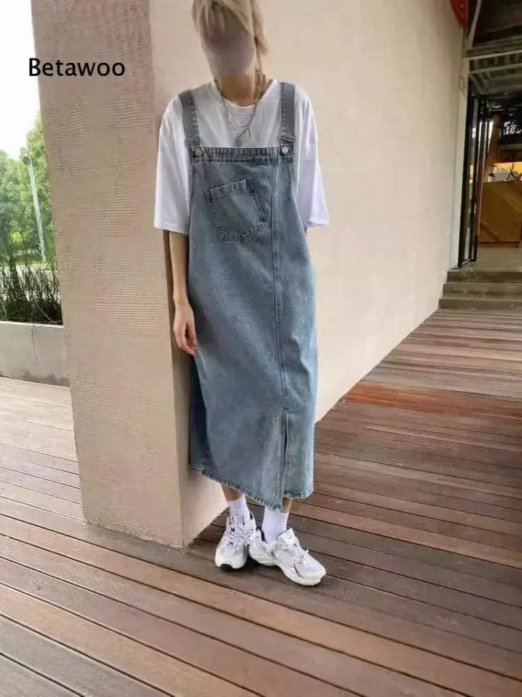 Adjustable Strap Denim Overall Dress Women Vintage Light Wash Front Pocket Side Slit Loose Casual Midi Pinafore Skirt