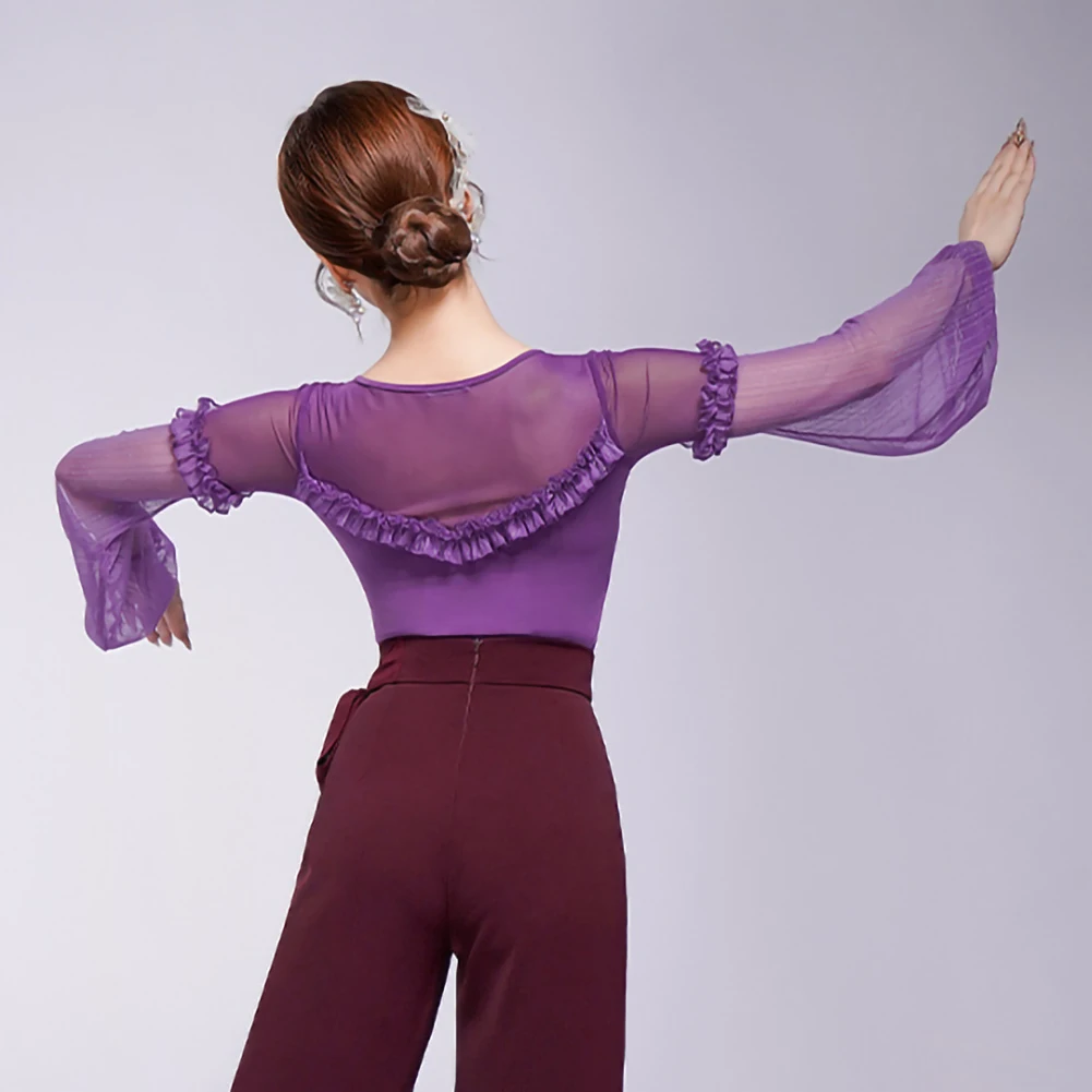 Haut de danse de salon pour femmes, valse, rétro, noir, violet, col rond, Performance d'entraînement, haut de danse moderne pour femmes, nouvelle collection