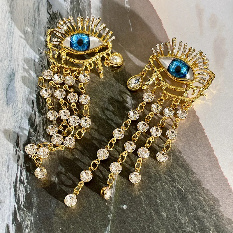 Blue Devil\'s Eye,  Tassel Long Earrings, European Vintage Ear Studs With Diamonds, Medieval Court Style Ear Pendants
