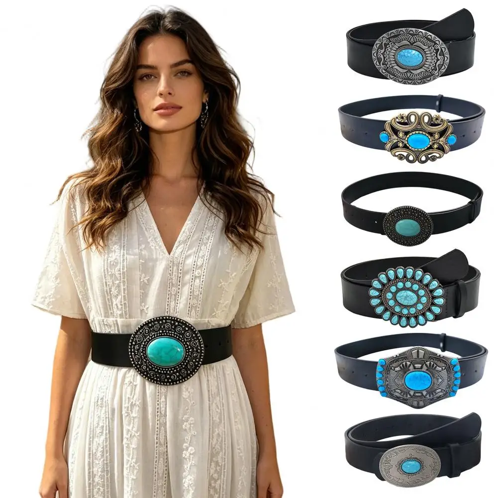 

Retro Western Turquoise Belt with Distressed Silver Color Carved Buttons Natural Blue Turquoise Rodeo Style Cowgirl Waistband