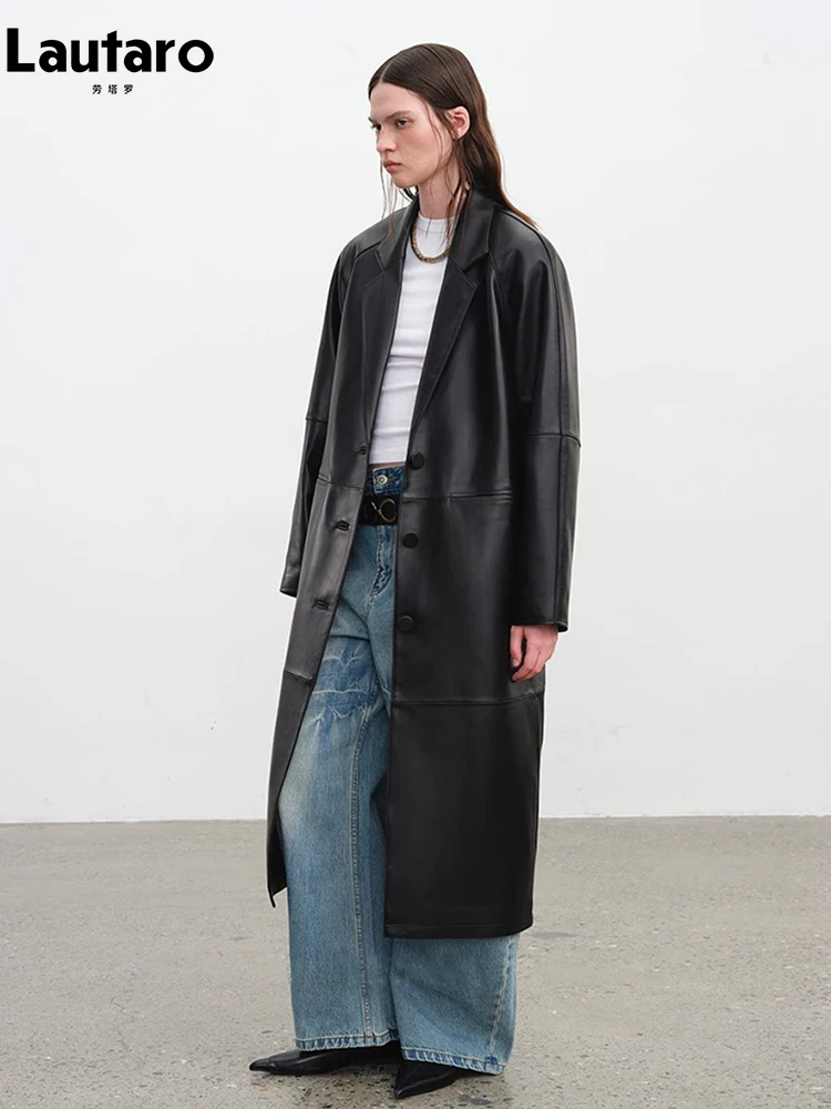 

Lautaro Spring Autumn Long Black Pu Leather Blazer Coat for Women Shoulder Pads Single Breasted Elegant Luxury Chic Overcoat