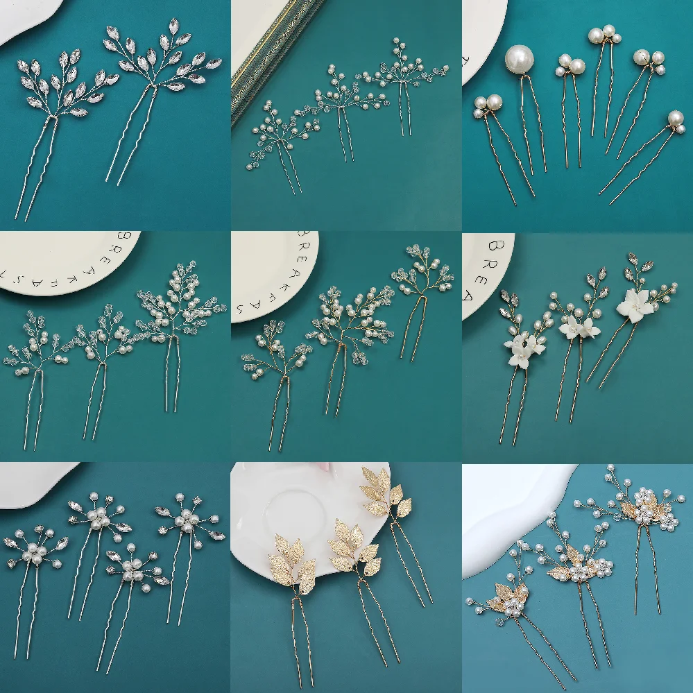 2/3pcs Wedding Hairpin Bride Tiaras Headdress U-shaped Pearl Hair Clip Crystal Floral Crown Fashion Hair Jewelry Marriage Bijoux