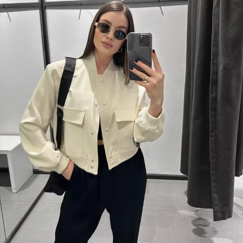 Button Baseball Cropped Jackets Woman's Elegant Solid Large Pockets Splicing Long Sleeves Loose Coat Autumn Winter New