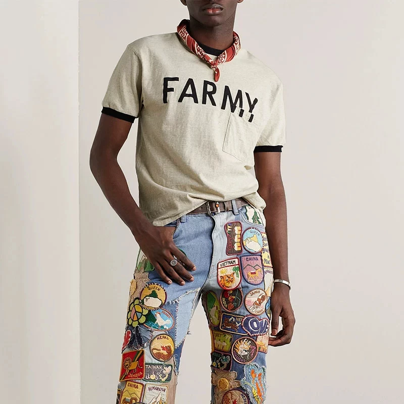 

25AW Hirata Hohiro Повседневная хлопковая футболка с буквенным принтом и нагрудным карманом и коротким рукавом в японском стиле, хлопковые топы с круглым вырезом в стиле ретро для мужчин